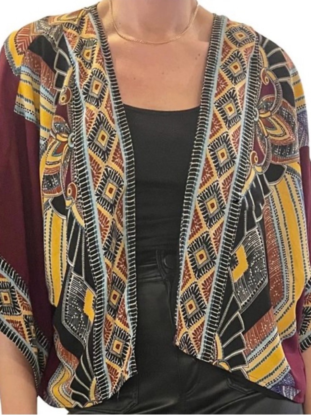 GREYLIN Boho Tribal Print Kimono Jacket | Open Front Statement Layer Size L